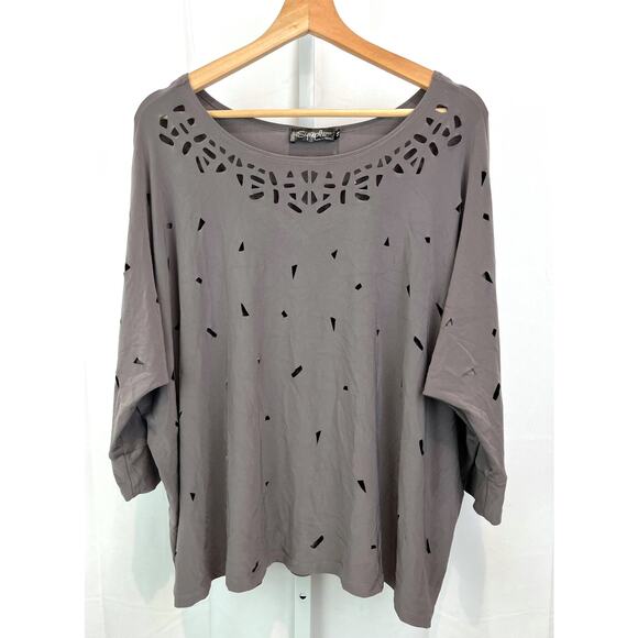SYMPLI Canada Gray 10 Triangle Cutout Top Dolman 3/4 Sleeve Wide Neck Stretch - Picture 1 of 9